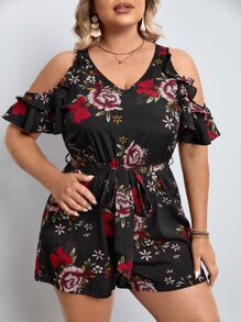 SHEIN Clasi Plus Floral Print Cold Shoulder Belted Romper - Multicolor - View 6
