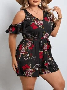 SHEIN Clasi Plus Floral Print Cold Shoulder Belted Romper - Multicolor - View 7
