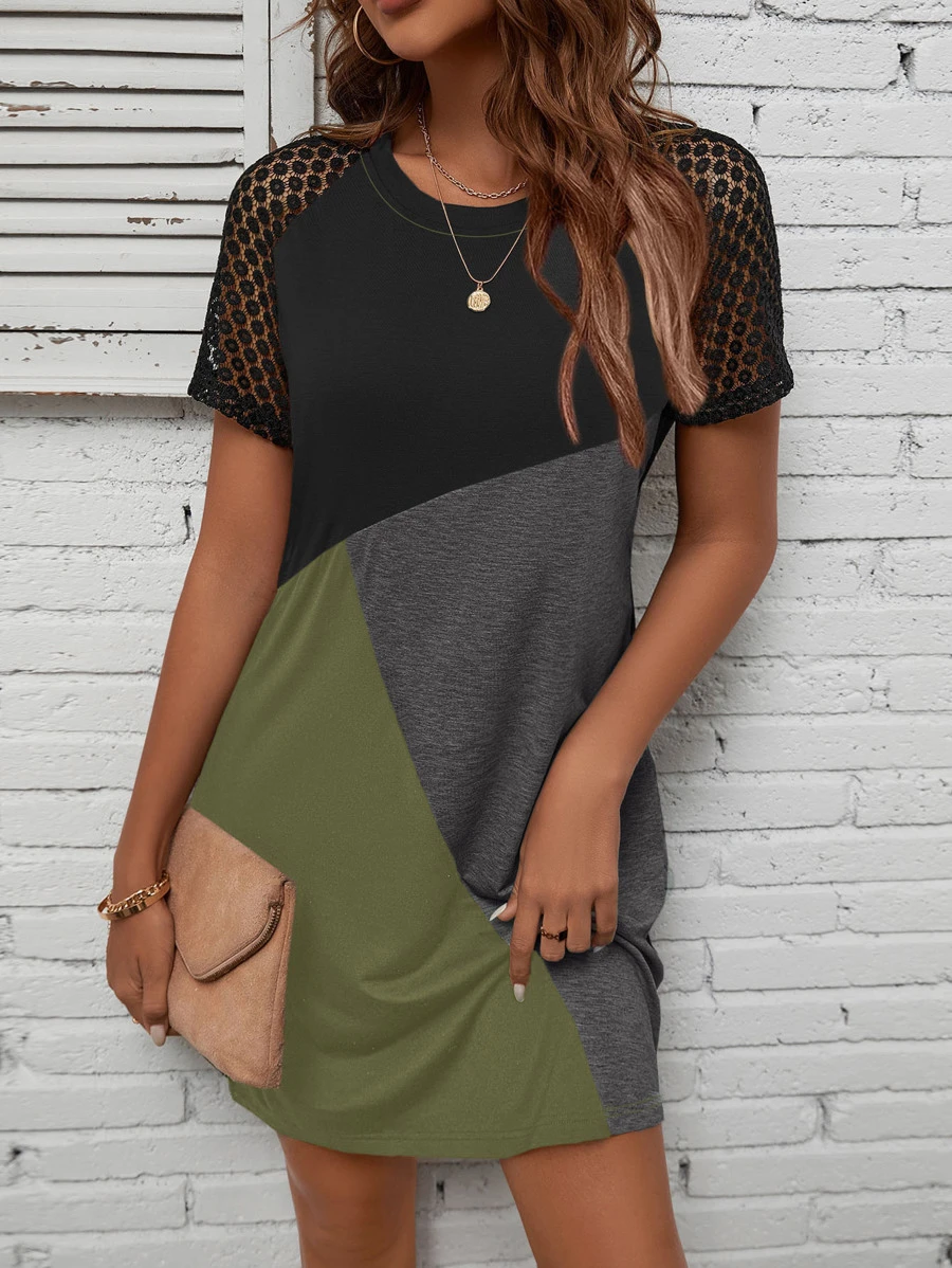 EMERY ROSE Colorblock Contrast Lace Raglan Sleeve Tee Dress