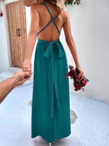 SHEIN Holidaya 素色後背繫帶吊帶連衣裙 - 水鴨藍 - 查看 2
