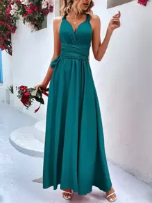 SHEIN Holidaya 素色後背繫帶吊帶連衣裙 - 水鴨藍 - 查看 5