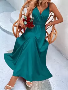 SHEIN Holidaya 素色後背繫帶吊帶連衣裙 - 水鴨藍 - 查看 6