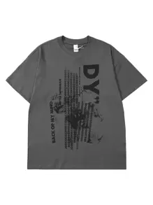 Hombres Camiseta con estampado de letra - Gris Oscuro - Ver 1