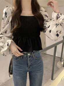 Blusa de manga en contraste bajo con fruncido - Negro - Ver 3