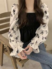 Blusa de manga en contraste bajo con fruncido - Negro - Ver 4