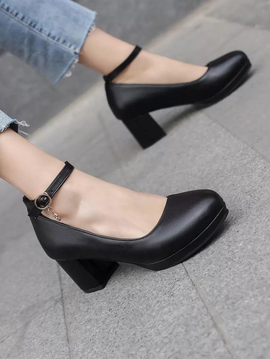 優雅黑色踝帶高跟鞋女士尖頭踝帶粗跟淺口皮鞋 - 黑色 - 查看 1