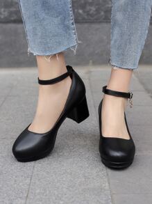 優雅黑色踝帶高跟鞋女士尖頭踝帶粗跟淺口皮鞋 - 黑色 - 查看 3