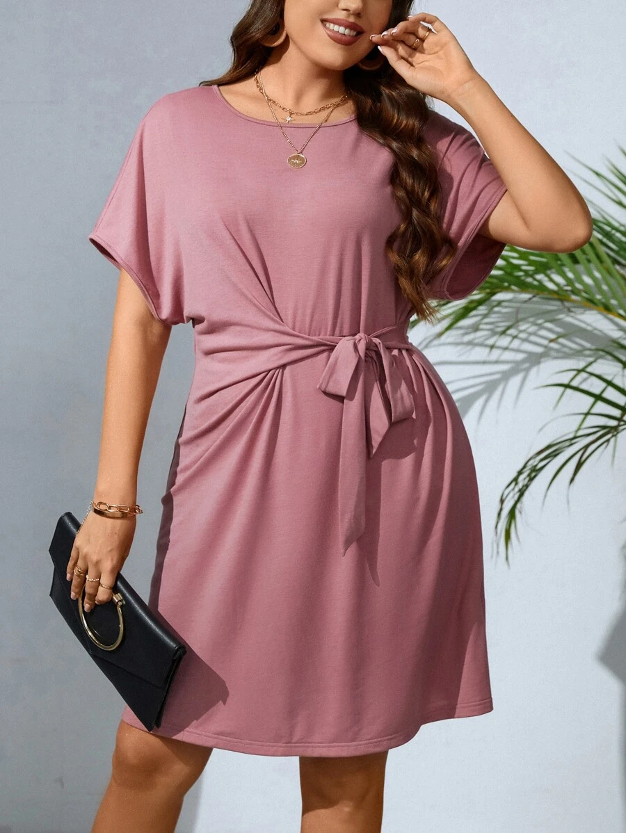 SHEIN Clasi Plus Batwing Sleeve Knot Front Dress - Dusty Pink - View 1