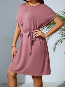SHEIN Clasi Plus Batwing Sleeve Knot Front Dress - Dusty Pink - View 3