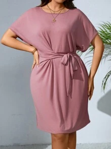 SHEIN Clasi Plus Batwing Sleeve Knot Front Dress - Dusty Pink - View 5