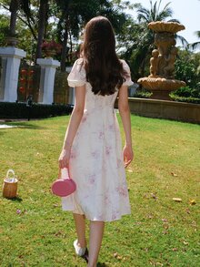 印花泡泡袖前繫帶洋裝 - 淺粉色 - 查看 2