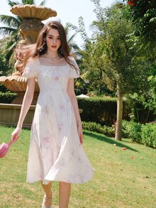 印花泡泡袖前繫帶洋裝 - 淺粉色 - 查看 5