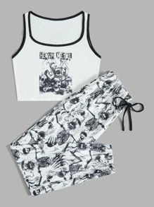 ROMWE Grunge Punk Conjunto De Pijama Con Anillo Gráfico De Calavera Y Letra