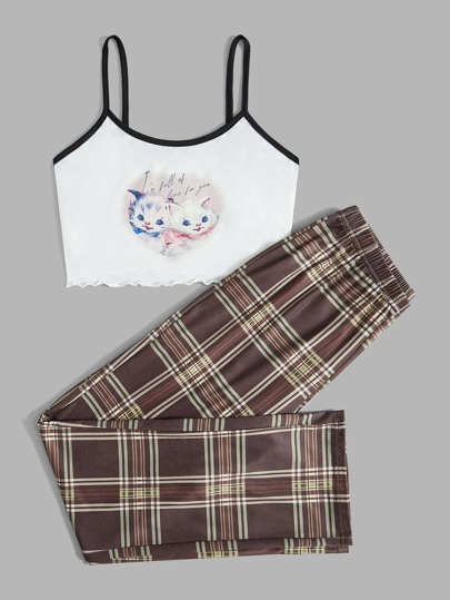 طقم بيجامة بجرافيك قط رسوم كارتون مربعات ملونة شريط متباين