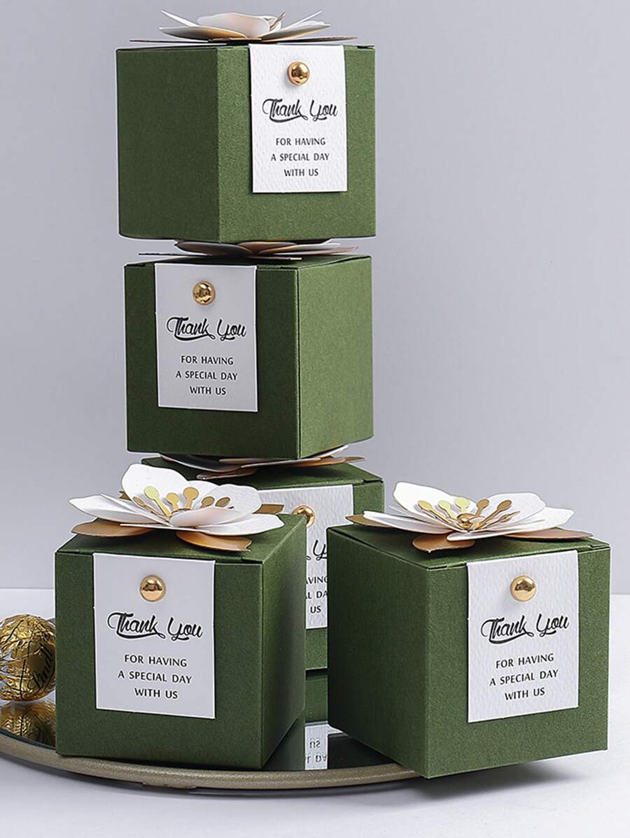 1pc Paper Gift Box, European Style Blue Slogan Graphic Gift Packaging Box For Party - Green - View 1