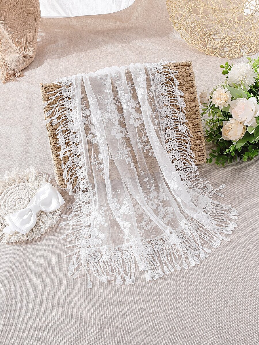 嬰兒攝影流蘇邊蕾絲毯子 - 白色 - 查看 1