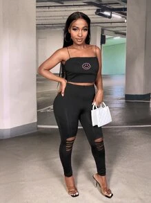 Slaydiva Solid Ripped Leggings - Black - View 8