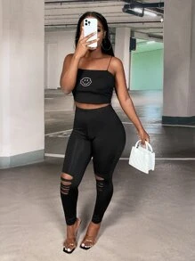 Slaydiva Solid Ripped Leggings - Black - View 9