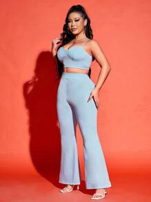SHEIN SXY 素色吊帶短上衣和喇叭褲 - 淺藍色 - 查看 5