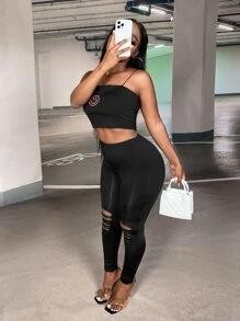 Slaydiva Solid Ripped Leggings - Black - View 10