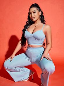 SHEIN SXY 素色吊帶短上衣和喇叭褲 - 淺藍色 - 查看 3