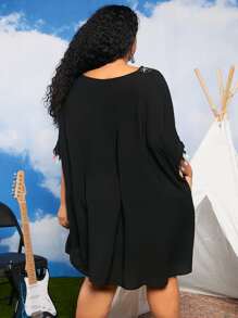 SHEIN CURVE+ 大碼花卉刺繡流蘇邊蝙蝠袖連衣裙 - 黑色 - 查看 3