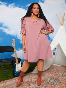 SHEIN CURVE+ Đầm Plus Size Tương phản ren màu trơn Giải trí - Bụi hồng - Xem 4