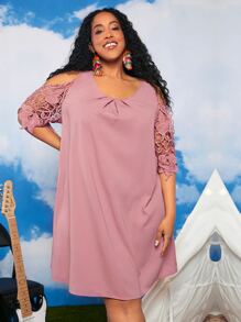 SHEIN CURVE+ Đầm Plus Size Tương phản ren màu trơn Giải trí - Bụi hồng - Xem 3