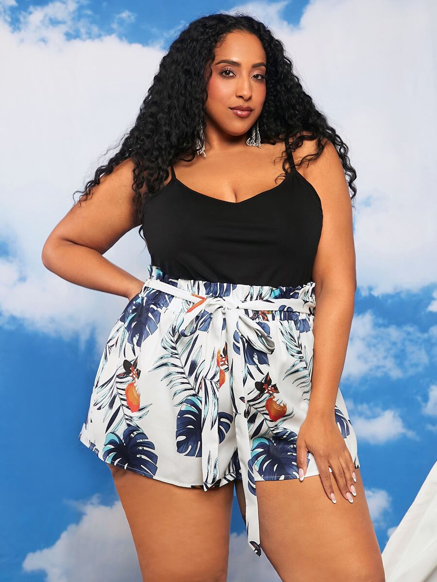 SHEIN CURVE+ 大碼吊帶上衣和熱帶圖案附腰帶短褲 - 彩色 - 查看 1