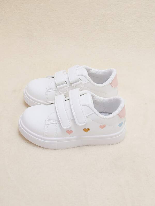 Girls Hook-and-loop Fastener Heart Embroidered Skate Shoes, Sporty Outdoor Sneakers