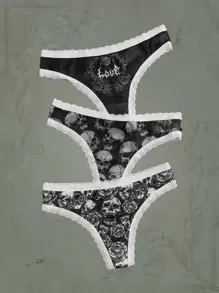 ROMWE Goth 3pack Skull Print Contrast Lace Panty Set - Black - View 1
