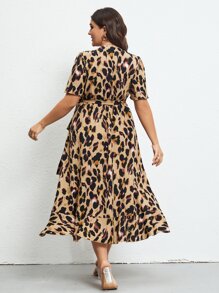 SHEIN LUNE 大碼豹紋印花側打結圍裹式連衣裙 - 彩色 - 查看 2