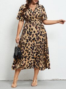 SHEIN LUNE 大碼豹紋印花側打結圍裹式連衣裙 - 彩色 - 查看 4