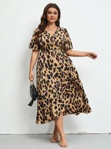 SHEIN LUNE 大碼豹紋印花側打結圍裹式連衣裙 - 彩色 - 查看 5