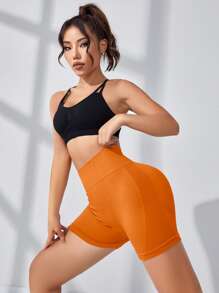 Easithlete 宽腰带运动短裤女士运动短裤、健身短裤、骑行短裤 - 橘色 - 查看 4