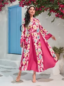 Al Najma Floral Print Hooded Dress - Multicolor - View 1