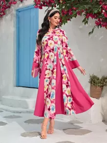 Al Najma Floral Print Hooded Dress - Multicolor - View 4
