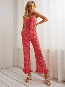 S BETRO Mono de tirantes con estampado floral de hombros con cordón bajo con fruncido - Rojo - Ver 1