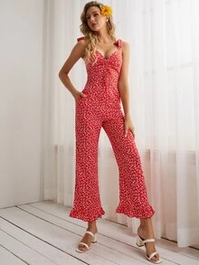 S BETRO Mono de tirantes con estampado floral de hombros con cordón bajo con fruncido - Rojo - Ver 4