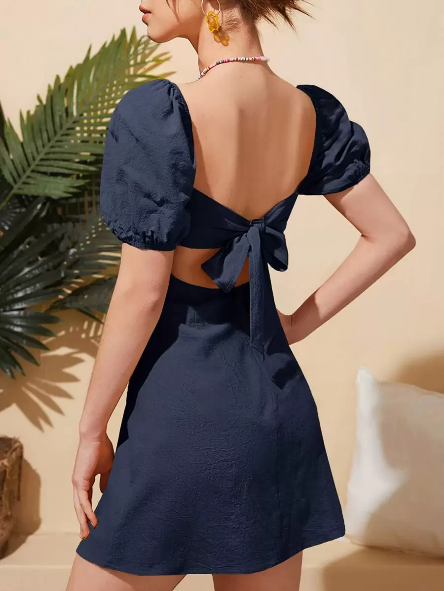 Soleia Tie Backless Puff Sleeve Dress - Navy Blue - View 1