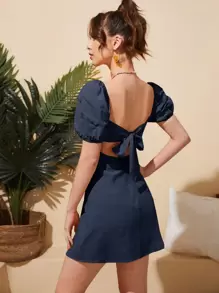 Soleia Tie Backless Puff Sleeve Dress - Navy Blue - View 4