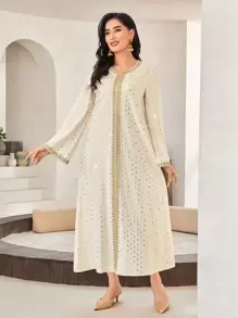 Al Najma 金色波尔卡圆点印花撞色带束腰连衣裙，端庄