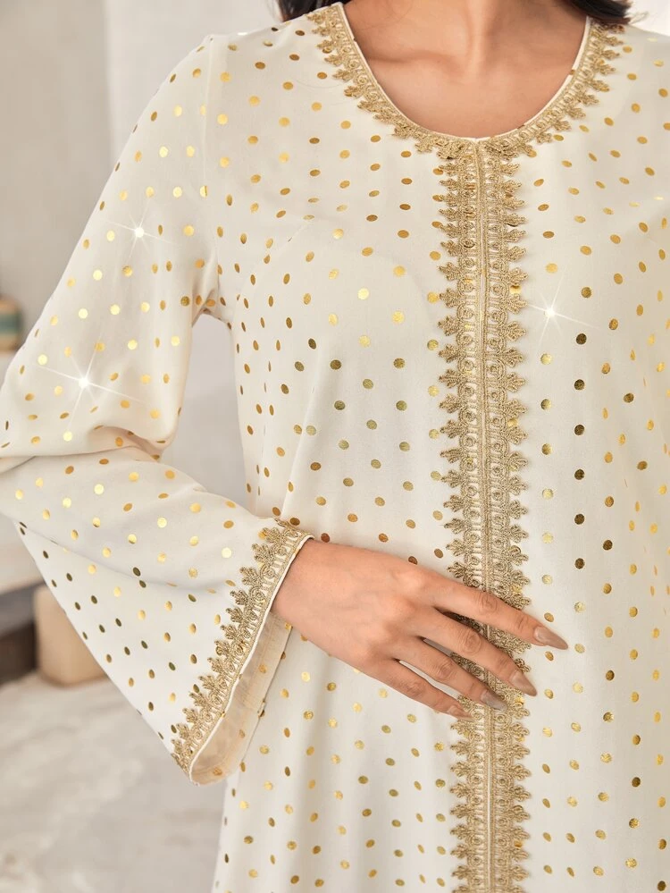 Gold Polka Dot Print Contrast Tape Tunic Dress, Modest