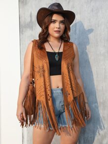RELISH NOLESS Western Wear Women Plus Cowgirl Boho Hippie Old Money Bohemian Festival Suede Fringe Coat - Camel - View 1
