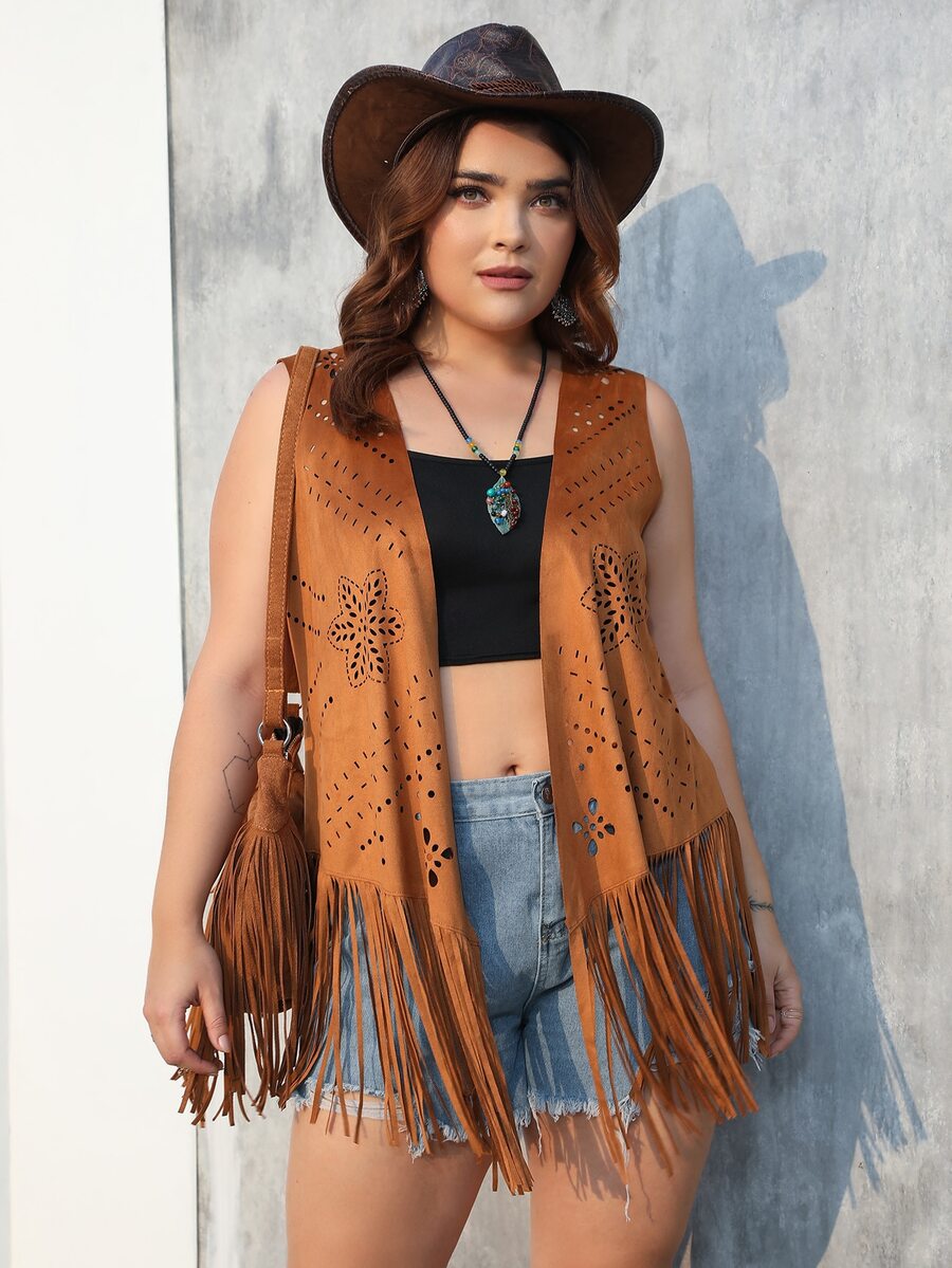 RELISH NOLESS Western Wear Women Plus Cowgirl Boho Hippie Old Money Bohemian Festival Suede Fringe Coat - Camel - View 1