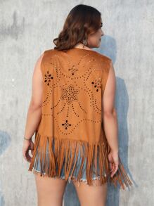 RELISH NOLESS Western Wear Women Plus Cowgirl Boho Hippie Old Money Bohemian Festival Suede Fringe Coat - Camel - View 2