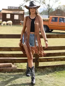 RELISH NOLESS Women Spring Summer Cowgirl Festival Country Concert Holiday Outwear Casual Sexy Boho Vacation Suede Fringe Lightweight Jacket Vest - Camel - View 1