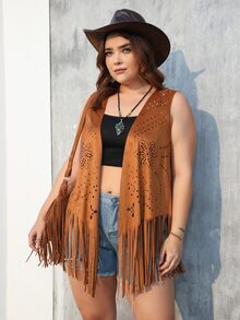 RELISH NOLESS Western Wear Women Plus Cowgirl Boho Hippie Old Money Bohemian Festival Suede Fringe Coat - Camel - View 4