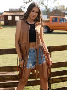RELISH NOLESS Women Spring Summer Cowgirl Festival Country Concert Holiday Outwear Casual Sexy Boho Vacation Suede Fringe Lightweight Jacket Vest - Camel - View 3