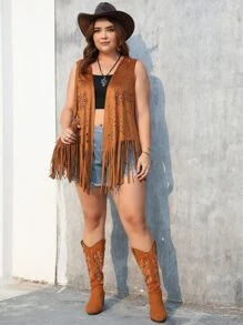 RELISH NOLESS Western Wear Women Plus Cowgirl Boho Hippie Old Money Bohemian Festival Suede Fringe Coat - Camel - View 5